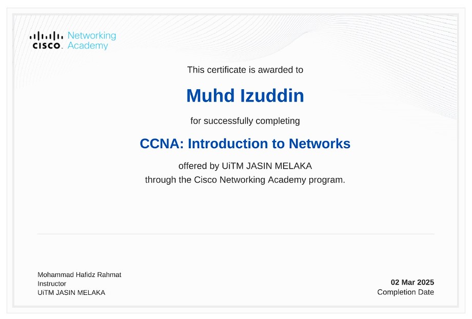 CCNA Introduction to Networks certificate